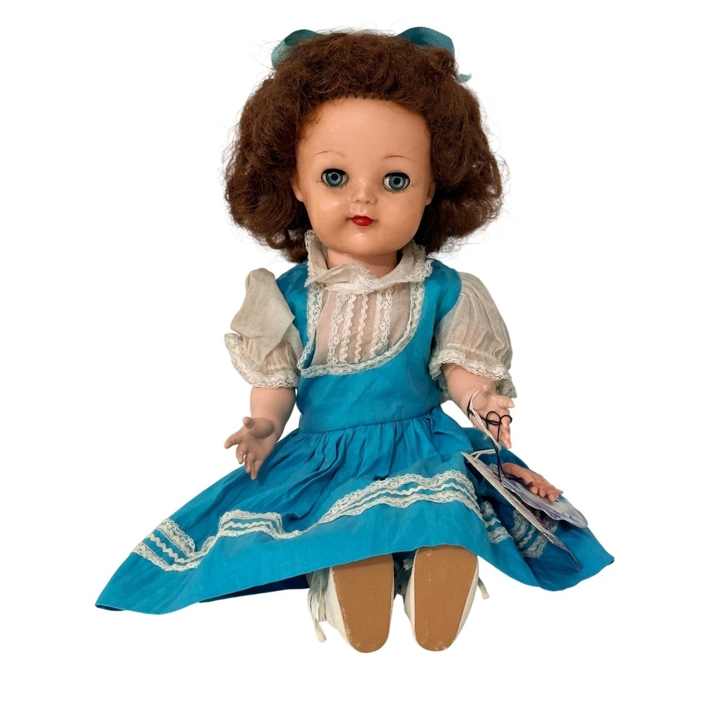 Vintage Hard Plastic Doll Girl OS Blue Lace Pinafore Dress Brown Hair Sleep Eyes
